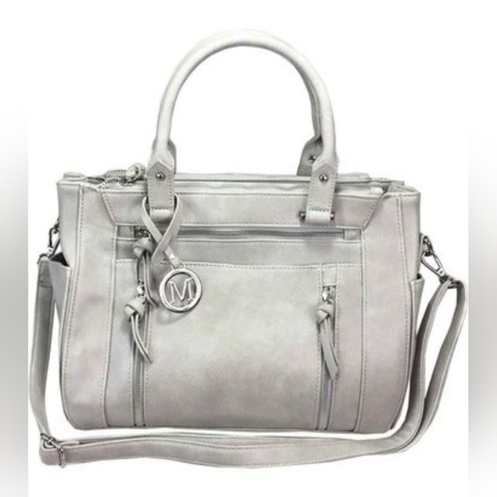 Concealed Carry Locking Faux Leather Shoulder Bag Purse - Light Grey